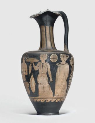 Roman antiquity: Campanian red figure vase; attributed to the Rhomboid Group; ca. 320 B.C.; 16 ½ inches high